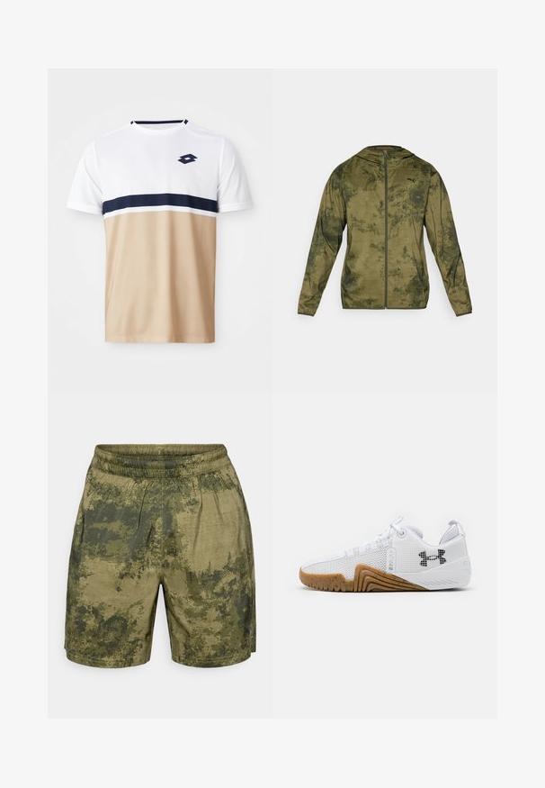 Puma hettegenser i olivengrønn med en teksturert, mønstret finish. Har glidelås foran og lange ermer.; Trøye med korte ermer for atletisk bruk, med hvitt øvre parti, marineblå og hvite horisontale striper, og en beige nedre del med teksturert overflate.; Kamuflasjemønstrede shorts i nyanser av grønt, laget av lett materiale med elastisk midje og en avslappet passform.; Hvite joggesko med mesh-overdel, gummisåle i kamskjellfarge, teksturerte detaljer og en svart logo på siden.