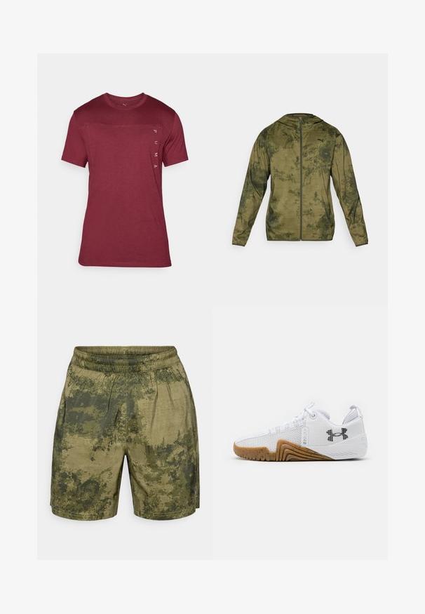 Chaqueta con capucha de Puma en verde oliva con un acabado texturizado y con patrón. Cuenta con un zipper en el frente y mangas largas.; Camiseta roja de manga corta hecha de una tela suave, con un escote redondo y un logo impreso verticalmente en el lado izquierdo.; Pantalones cortos con estampado de camuflaje en tonos verdes, fabricados en tejido ligero con cintura elástica y un corte relajado.; Zapatillas deportivas blancas con parte superior de malla, suela de goma de color goma, acentos texturizados y un logo negro en el costado.