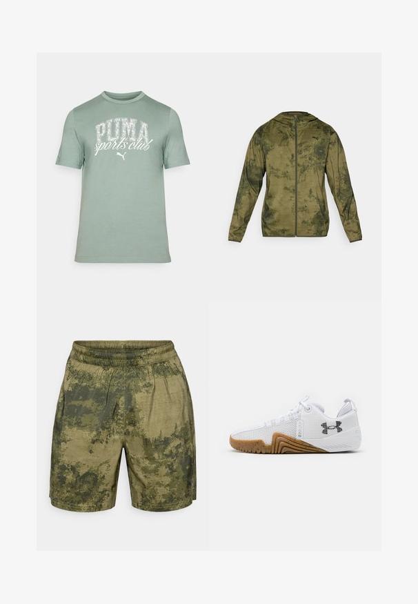 Chaqueta con capucha de Puma en verde oliva con un acabado texturizado y con patrón. Cuenta con un zipper en el frente y mangas largas.; Camiseta verde de manga corta hecha de algodón. Presenta un gráfico impreso en blanco que dice "PUMA sports club" en el frente. Cuello redondo, ajuste regular.; Pantalones cortos con estampado de camuflaje en tonos verdes, fabricados en tejido ligero con cintura elástica y un corte relajado.; Zapatillas deportivas blancas con parte superior de malla, suela de goma de color goma, acentos texturizados y un logo negro en el costado.
