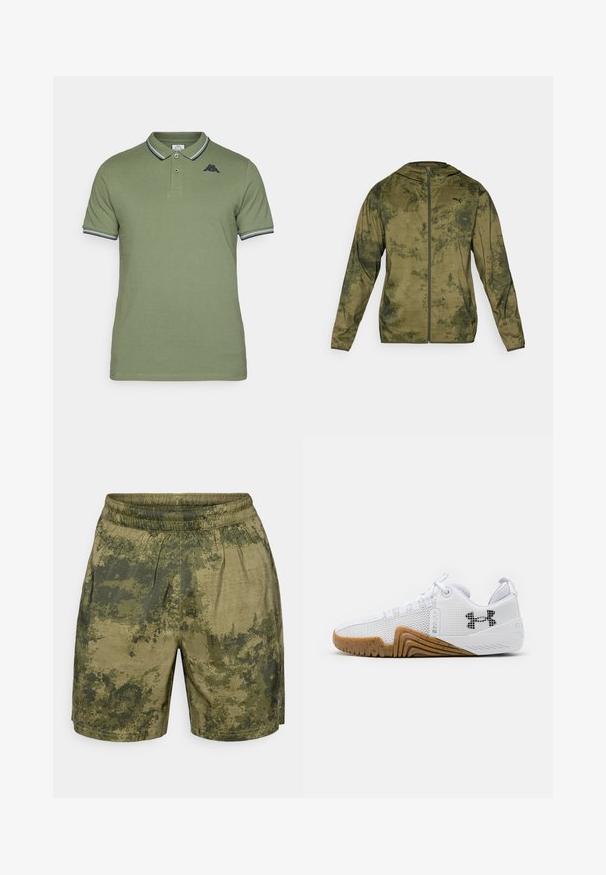 Pánská kapuce Puma v olivově zelené barvě s texturovaným, vzorovaným povrchem. Obsahuje přední zip a dlouhé rukávy.; Olivově zelené polo tričko vyrobené z bavlny s dvouknoflíkovým zapínáním, krátkými rukávy, námořnickými pruhovanými detaily na límci a manžetách a vyšitým logem.; Kraťasy s maskáčovým vzorem v odstínech zelené, vyrobené z lehkého materiálu s elastickým pasem a volným střihem.; Bílé sportovní boty svršek z prodyšné síťoviny, gumová podrážka v barvě gumy, texturované detaily a černé logo na boku.
