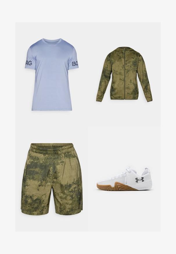 Puma-huvtröja i olivgrön med en texturerad, mönstrad yta. Har en framzipper och långa ärmar.; Ljusblå t-shirt gjord av mjukt tyg. Rundhalsad design med korta ärmar. Har "BORG"-logotyp i mörkblått på vänster ärm.; Kamouflage-mönstrade shorts i gröna nyanser, tillverkade av lättviktstyg med elastisk midja och avslappnad passform.; Vita atletiska skor med en meshuverdel, gummisula i gumfärg, texturerade detaljer och en svart logotyp på sidan.