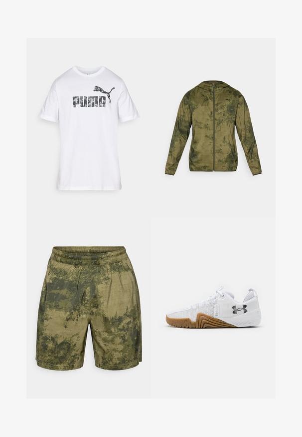 Puma hooded jacket in olive green with a textured, patterned finish. Features a front zipper and long sleeves.; White short-sleeve t-shirt made of cotton, featuring a large camouflage-patterned "PUMA" logo with a leaping puma graphic above it.; Camouflage-patterned shorts in shades of green, crafted from lightweight fabric with an elastic waistband and a relaxed fit.; White athletic shoes featuring a mesh upper, rubber outsole with a gum color, textured accents, and a black logo on the side.