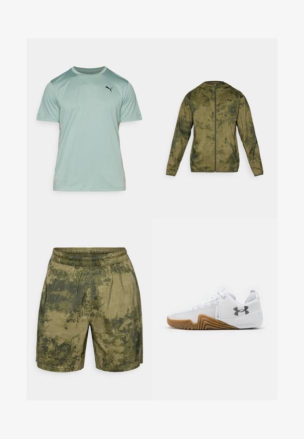 Casaco com capuz da Puma em verde oliva com um acabamento texturizado e padrão. Apresenta um fecho de correr frontal e mangas longas.; T-shirt atlético verde-claro com mangas curtas, feito de um tecido liso e respirável. Apresenta um pequeno logotipo preto da Puma no peito.; Calções com padrão de camuflagem em tons de verde, confeccionados em tecido leve, com um cós elástico e um corte descontraído.; Ténis atléticos brancos com parte superior em malha, sola de borracha na cor âmbar, detalhes texturizados e um logótipo preto de um lado.
