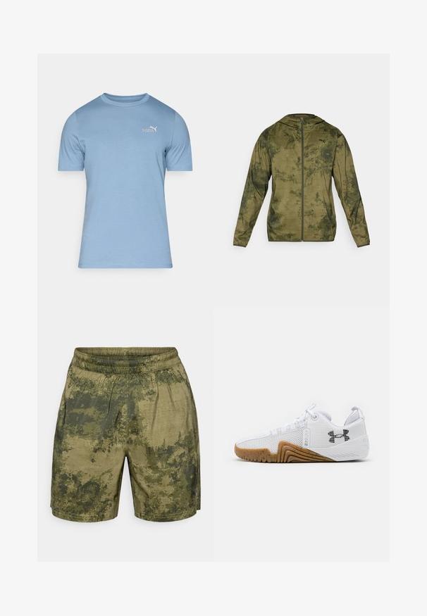 Puma takki, jossa on huppu ja oliivinvihreä väritys, joka on teksturoitu ja kuvioitu. Varustettu edessä vetoketjulla ja pitkillä hihoilla.; Vaaleansininen puuvillapaita lyhyillä hihoilla, pyöreällä kaula-aukolla ja pienellä valkoisella Puma-logolla vasemmassa rinnassa. Suora pinta.; Vihreissä sävyissä, camouflagemallisia shortsit, jotka on valmistettu kevyestä kankaasta, jossa on joustava vyötärö ja rento istuvuus.; Valkoiset urheilukengät, joissa on verkkopinta, kumipohja gumminvärisenä, tekstiiliset yksityiskohdat ja musta logo sivussa.