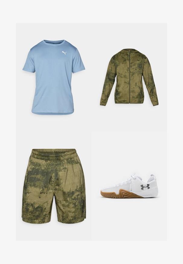 Puma kapucňová bunda v olivovo zelenej farbe s textúrovaným a vzorovaným povrchom. Obsahuje predný zips a dlhé rukávy.; Svetlomodrá športová košeľa s krátkym rukávom vyrobená z priedušnej látky, s klasickým výstrihom a bielym logom Puma na hornej ľavej strane hrude.; Kraťasy s kamuflážným vzorom v odtieňoch zelenej, vyrobené z ľahkej tkaniny s elastickým pásom a vo voľnom strihu.; Biele atletické topánky s priedušným zvrškom, gumenou podrážkou v gumovej farbe, textúrovanými akcentmi a čiernym logom na boku.