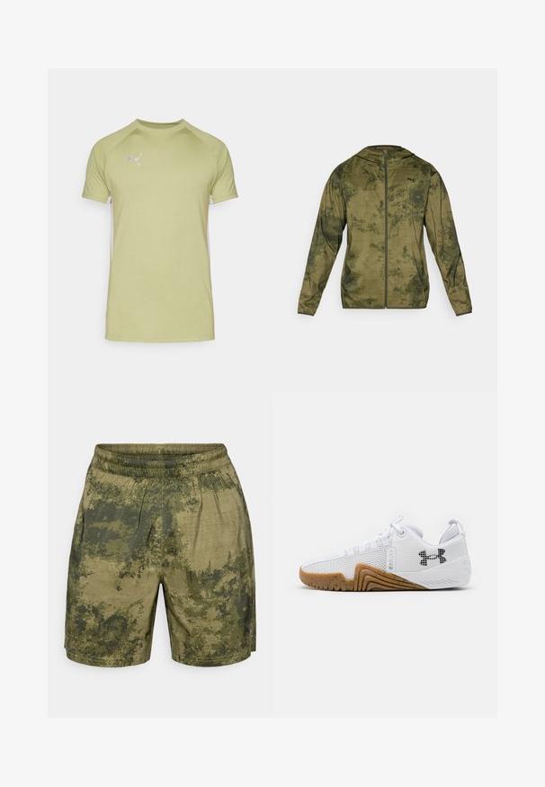 Puma kapuutsiga jakk oliivirohelises värvitoonis, millel on tekstuuriga mustriga viimistlus. Varustuses on eesmine tõmblukk ja pikad varrukad.; Roheline lühikeste varrukatega T-särk ümmarguse kaelusega ja raglanvarrukatega, mille vasakul ülemises rinnas on valge logo ja valged küljepaneelid.; Roheline kamuflaažimustriga lühikesed püksid, valmistatud kergest kangast, millel on elastne vöökoht ja mugav lõige.; Valged sportlikud kingad, mis on varustatud võrgust pealsega, kummise välispõhjaga, millel on pruuni värvi tooni, tekstuursete detailidega ja must logoga külgedel.