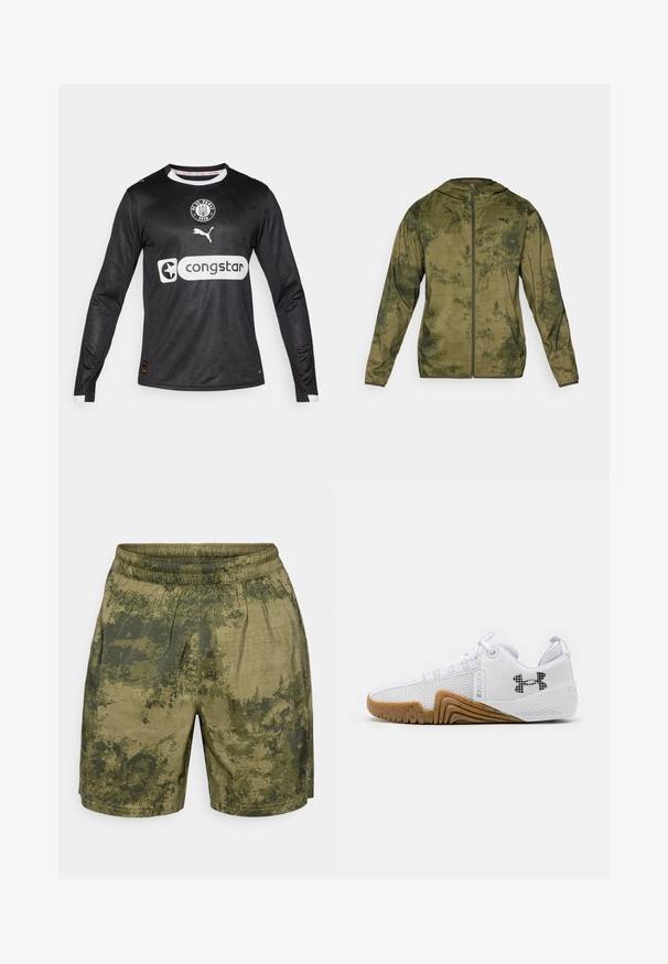 Puma Kapuzenjacke in olivgrün mit strukturierter, gemusterter Oberfläche. Mit einem Reißverschluss vorne und langen Ärmeln.; Schwarzes Langarm-Fußballtrikot mit einem subtilen strukturierten Muster, weißem Kragen und Manschetten, ausgestattet mit einem runden Logo und großem Sponsorenaufdruck.; Tarnmuster-Shorts in verschiedenen Grüntönen, aus leichtem Stoff gefertigt, mit einem elastischen Bund und einer lässigen Passform.; Weiße Sportschuhe mit einem Obermaterial aus Mesh, einer Gummisohle in Braun, strukturierten Akzenten und einem schwarzen Logo an der Seite.
