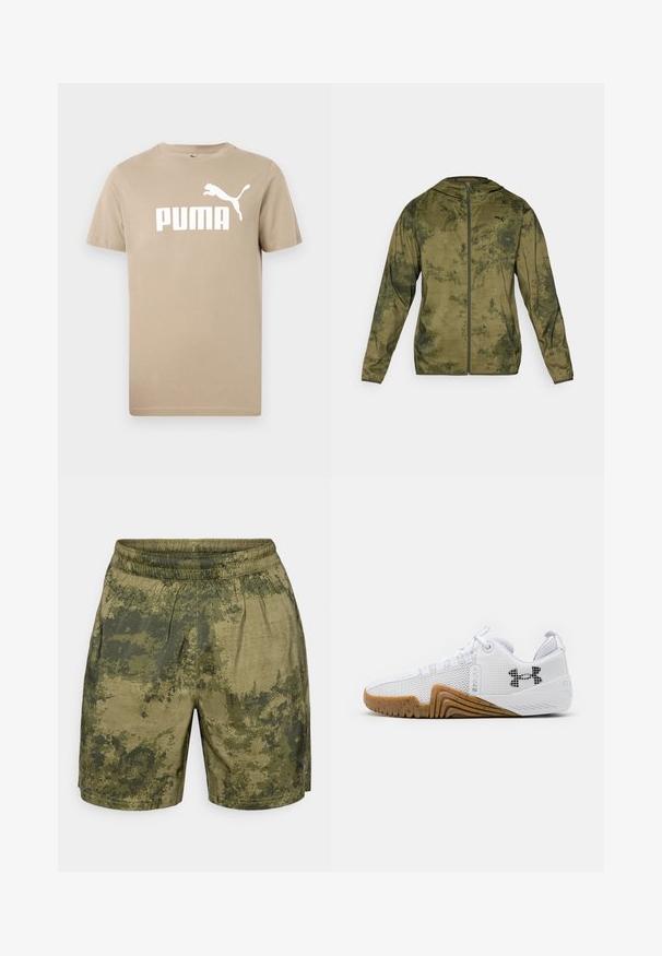 Puma hooded jacket in olive green with a textured, patterned finish. Features a front zipper and long sleeves.; Beige cotton t-shirt with a crew neck, short sleeves, and a large white "PUMA" logo and silhouette on the front. Smooth texture.; Camouflage-patterned shorts in shades of green, crafted from lightweight fabric with an elastic waistband and a relaxed fit.; White athletic shoes featuring a mesh upper, rubber outsole with a gum color, textured accents, and a black logo on the side.