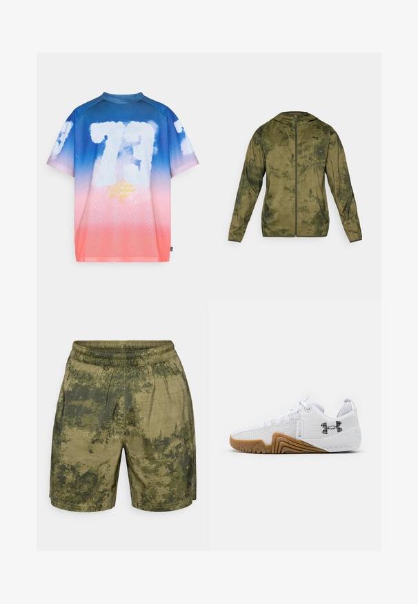 Puma kapucēts džemperis olīvzaļā krāsā ar teksturētu, rakstainu apdari. Iezīme priekšējais rāvējslēdzis un garas piedurknes.; Tīkla īsām piedurknēm krekls ar gradientu no zila līdz rozā, centrā ar baltiem mākoņu līdzīgiem grafikiem un dzeltenu tekstu.; Kamuflāžas raksta šorti zaļos toņos, izgatavoti no viegla auduma ar elastīgu jostu un brīvu piegriezumu.; Balti sporta apavi ar sietu augšdaļu, gumijas zoli ar gumijas krāsu, teksturētām akcentiem un melnu logo sānos.