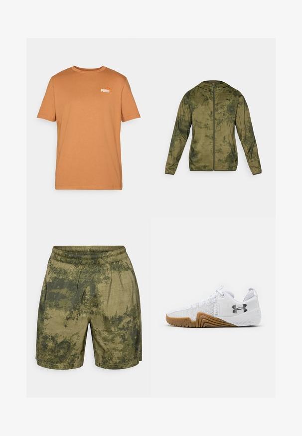 Casaco com capuz da Puma em verde oliva com um acabamento texturizado e padrão. Apresenta um fecho de correr frontal e mangas longas.; Camiseta de manga curta e decote redondo numa tonalidade castanha quente, feita de algodão suave; apresenta um pequeno logótipo laranja da Puma no canto superior esquerdo.; Calções com padrão de camuflagem em tons de verde, confeccionados em tecido leve, com um cós elástico e um corte descontraído.; Ténis atléticos brancos com parte superior em malha, sola de borracha na cor âmbar, detalhes texturizados e um logótipo preto de um lado.