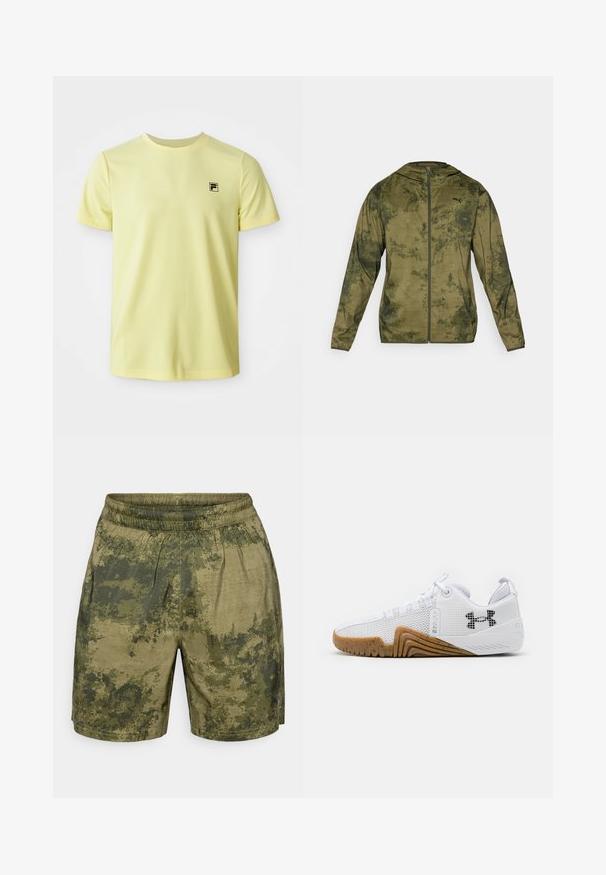 Puma hooded jacket in olive green with a textured, patterned finish. Features a front zipper and long sleeves.; Light yellow short-sleeve crew neck t-shirt with small black logo on left chest, displayed on white background.; Camouflage-patterned shorts in shades of green, crafted from lightweight fabric with an elastic waistband and a relaxed fit.; White athletic shoes featuring a mesh upper, rubber outsole with a gum color, textured accents, and a black logo on the side.