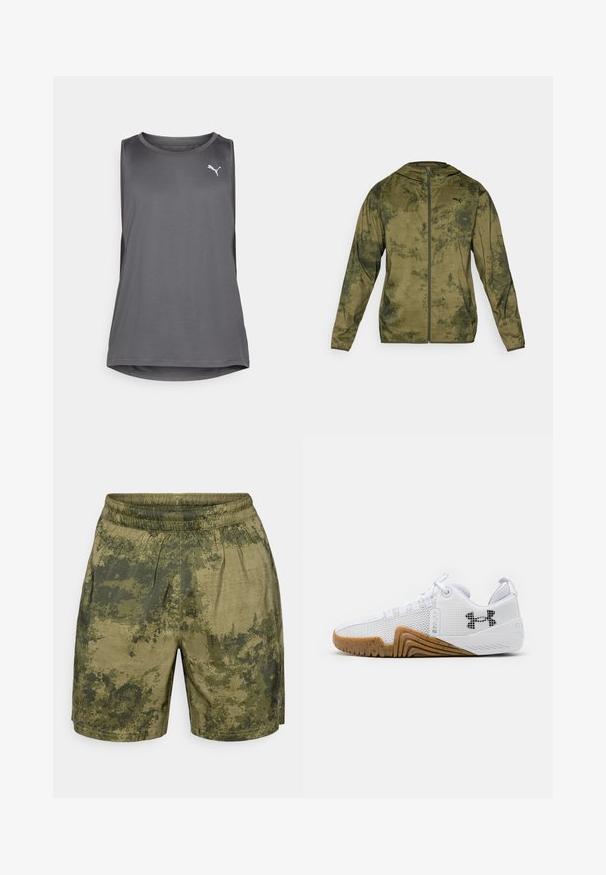 Puma hoodie in olijfgroen met een tekstuur, patroonafwerking. Heeft een rits aan de voorkant en lange mouwen.; Grijze mouwloze sporttanktop van ademend materiaal, met een ronde halslijn en zijsnits. Witte logo op de voorkant.; Camouflage shorts in verschillende tinten groen, gemaakt van lichtgewicht stof met een elastische tailleband en een relaxte pasvorm.; Witte sportschoenen met een bovenwerk van mesh, rubberen buitenzool in een gomkleur, textuuraccenten en een zwart logo op de zijkant.