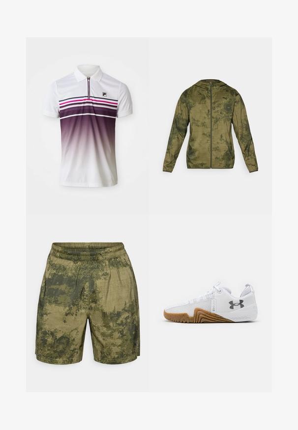 Puma kapuutsiga jakk oliivirohelises värvitoonis, millel on tekstuuriga mustriga viimistlus. Varustuses on eesmine tõmblukk ja pikad varrukad.; Valge polo särk, millel on luku kaelus, horisontaalsed triibud mustas, roosas ja lillakas toonis ning gradient kaob allapoole, muutudes lillast valgeks.; Roheline kamuflaažimustriga lühikesed püksid, valmistatud kergest kangast, millel on elastne vöökoht ja mugav lõige.; Valged sportlikud kingad, mis on varustatud võrgust pealsega, kummise välispõhjaga, millel on pruuni värvi tooni, tekstuursete detailidega ja must logoga külgedel.