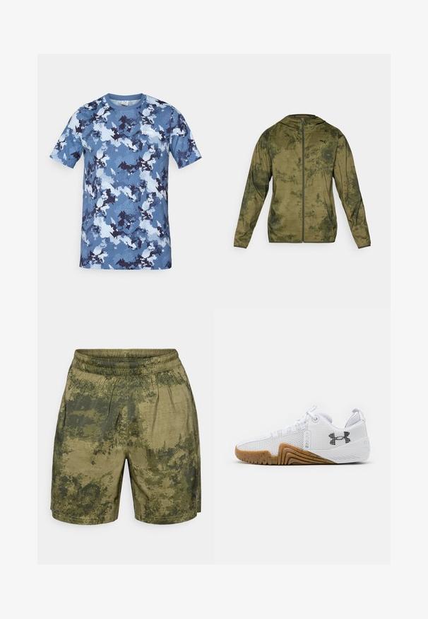 Puma jakna s kapuco v olivno zeleni barvi z strukturirano in vzorčasto površino. Ima sprednji zadrgo in dolge rokave.; T-maica z modrim kamuflažnim vzorcem, izdelana iz lahkega materiala, z kratkimi rokavi in okroglim izrezom. Na sprednji strani je bel logotip.; Hlače s kamuflažnim vzorcem v odtenkih zelene, izdelane iz lahkega materiala z elastičnim pasom in sproščenim krojem.; Bele športne čevlje z mrežastim zgornjim delom, gumijastim podplatom v barvi gumija, teksturiranimi poudarki in črnim logotipom na strani.