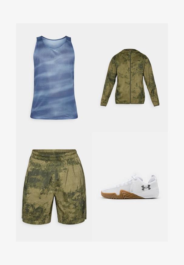 Puma Kapuzenjacke in olivgrün mit strukturierter, gemusterter Oberfläche. Mit einem Reißverschluss vorne und langen Ärmeln.; Mizuno GRAPHIC TANK - Top - citadel; Tarnmuster-Shorts in verschiedenen Grüntönen, aus leichtem Stoff gefertigt, mit einem elastischen Bund und einer lässigen Passform.; Weiße Sportschuhe mit einem Obermaterial aus Mesh, einer Gummisohle in Braun, strukturierten Akzenten und einem schwarzen Logo an der Seite.