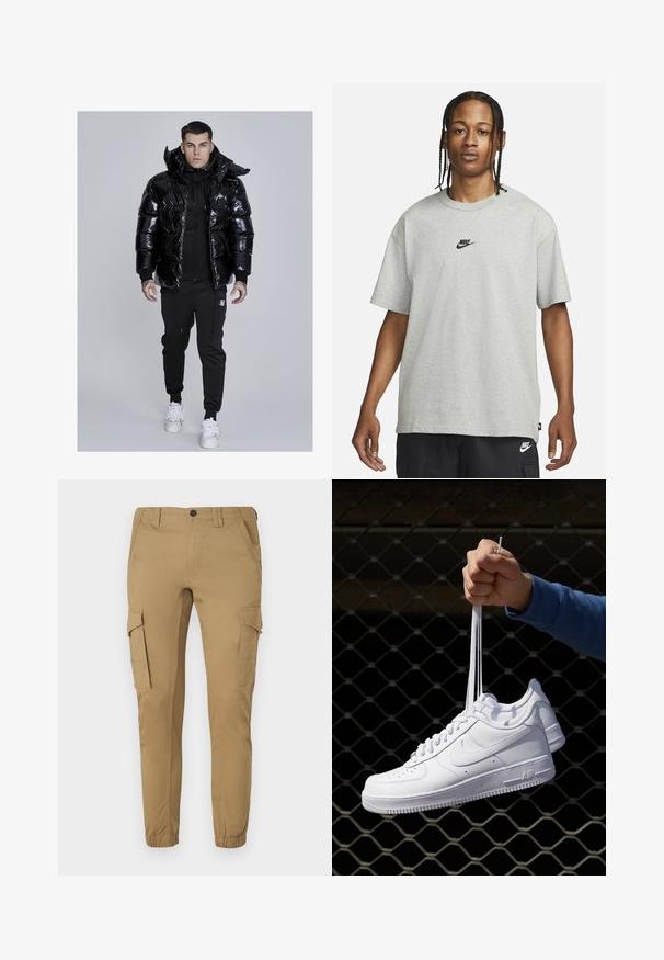 Black glossy puffer jacket with a high collar and hood, worn over a black zip-up hoodie and matching pants. White sneakers complete the outfit.; Young person with braided hair wearing a light gray Nike T-shirt and black Nike shorts against a plain white background.; Cargo pants in tan fabric with a tapered fit, featuring two side pockets, two cargo pockets, and elastic cuffs at the ankles.; White leather sneakers with perforations, round toe, flat sole, and thick laces, featuring a visible swoosh logo and "AIR" on the heel.