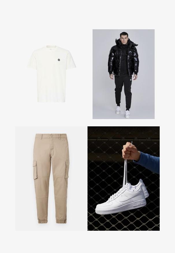 Sort, blankt pufferjakke med høj krave og hætte, iført over en sort zip-up hoodie og matchende bukser. Hvide sneakers fuldender outfittet.; Hvid kortærmet T-shirt lavet af bomuld, med et lille sort geometrisk logo på venstre bryst. Lige snit og rund halsudskæring.; Beige cargo bukser i et letvægts bomuldsstof. Har elastiske manchetter, flere sidelommer og en knaplukning.; Hvide lædersneakers med perforeringer, rund tå, flad sål og tykke snørebånd, med et synligt swoosh-logo og "AIR" på hælen.