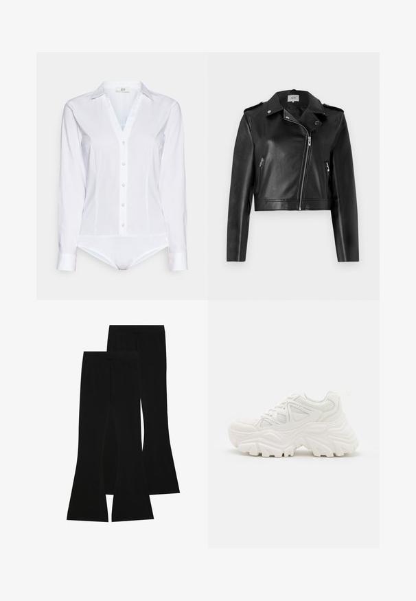 JDY JDYMOXY JACKET - Veste en similicuir - black; JDY JDYMIO - Chemisier - white; Pantalons noirs évasés en tissu extensible, dotés d'une taille haute et d'une texture lisse, avec une coupe ajustée qui s'évasent à partir du genou.; Baskets blanches épaisses avec un dessus texturé, des panneaux en mesh et des semelles en caoutchouc épaisses avec un motif de semelle prominent. Lacets et tirette inclus.