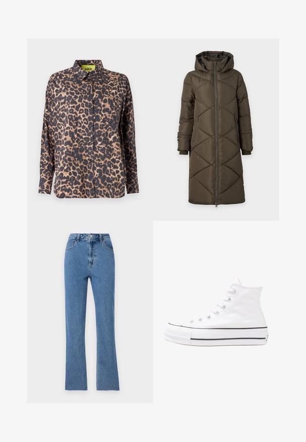 Puchowa kurtka w oliwkowym kolorze, z kapturem, z zamkiem błyskawicznym, dwoma przednimi kieszeniami oraz pikowanym wzorem w diamenty. Tkanina wydaje się gładka i miękka.; Koszula w zwierzęcy wzór z kołnierzykiem, długimi rękawami i guzikami. Wykonana z gładkiej tkaniny, z ciemnym tłem i jasno-brązowymi plamami oraz kieszenią na piersi.; Dopasowane niebieskie dżinsy wykonane z denimu, z wysokim stanem, rozszerzanymi nogawkami i subtelnymi detalami w szwie. Klasyczny krój pięciu kieszeni.; Białe wysokie trampki z płótna z czarną gumową podeszwą, przednim czubkiem z gumy i sześcioma dziurkami na sznurowadła, charakteryzujące się prostym, minimalistycznym designem.