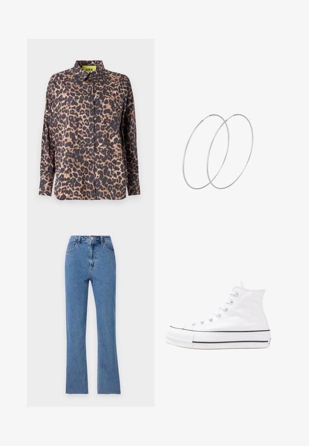 Abrigo de pluma en verde oliva, con capucha, cierre de cremallera, dos bolsillos frontales y un patrón de rombos acolchados. La tela parece suave y lisa.; Camisa de estampado de leopardo con cuello, mangas largas y botones. Hecha de una tela suave, presenta una base oscura con manchas de marrón claro y un bolsillo en el pecho.; Jeans ajustados de color azul fabricados en denim, con una cintura alta, piernas acampanadas y sutiles detalles de costura. Diseño clásico de cinco bolsillos.; Zapatilla de lona alta blanca con suela de goma negra, puntera de goma frontal y seis ojetes para los cordones, que presenta un diseño limpio y minimalista.; Pendientes de aro plateados con un diseño minimalista. Forma circular, textura suave y perfil delgado. Livianos con un acabado pulido.