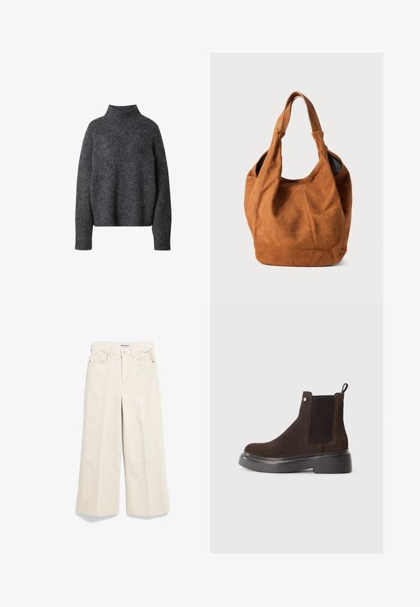 Beige, knee-length overcoat with a large collar, two side pockets, and a straight cut. Made from a lightweight, textured fabric.; Gray, textured turtleneck sweater with long sleeves, featuring a loose fit and ribbed cuffs. Fabric appears soft and warm.; Beige wide-leg trousers made of cotton, featuring a high waist, front pockets, and a zipper closure. Flat hem with minimal visible stitching.; Brown suede ankle boot with elastic side panels, pull tab, and a thick black rubber sole. Features a smooth, matte texture.; Brown suede shoulder bag with a soft texture, curved shape, and two handles. Features a minimal design with no visible hardware or accents.