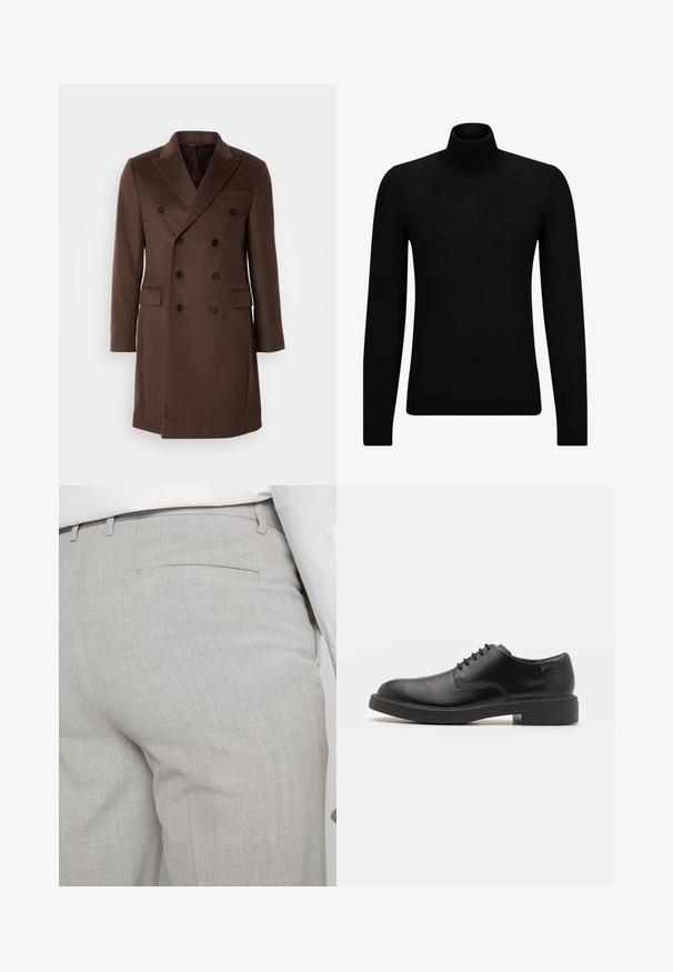 Bruine dubbelbre opening jas van wol, met een piekrevers, zes zwarte knopen en twee zijzakken. Glad textuur en getailleerde pasvorm.; Zwarte coltrui van zacht materiaal, met lange mouwen en een snug fit. Geribbelde afwerking aan de onderkant en mouwen. Eenvoudig ontwerp.; Lichtgrijze, op maat gemaakte broek van gestructureerde stof, met een enkele achterzak en nette stiksels.; Zwarte leren veterschoen met een ronde neus, een gladde textuur, minimale stiksels en een lage rubberen hak. Logo op de hak.