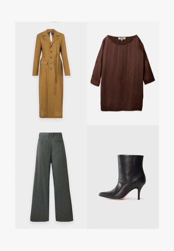 Brūns garais mētelis ar jostas izmēru, izgrieztu apkakli, pogu priekšpusi un divām sānu kabatām, izgatavots no gludas, strukturētas auduma.; Brūna, vaļīga blūze ar plašu laivu kakla izgriezumu un trīs ceturtdaļu piedurknēm, izgatavota no gludas, teksturētas auduma. Topam ir maigas kroku detaļas.; Plati kāju bikses tumši pelēkā audumā. Iezīmējas ar gludu tekstūru, divām aizmugures kabatām ar pogu aizdari un klasisku jostu.; Melnas ādas potītes zābaki ar norādītu pirkstu, šauru stiletto papēdi un gludu tekstūru. Minimalistiska dizaina, bez redzamām detaļām vai akcentiem.