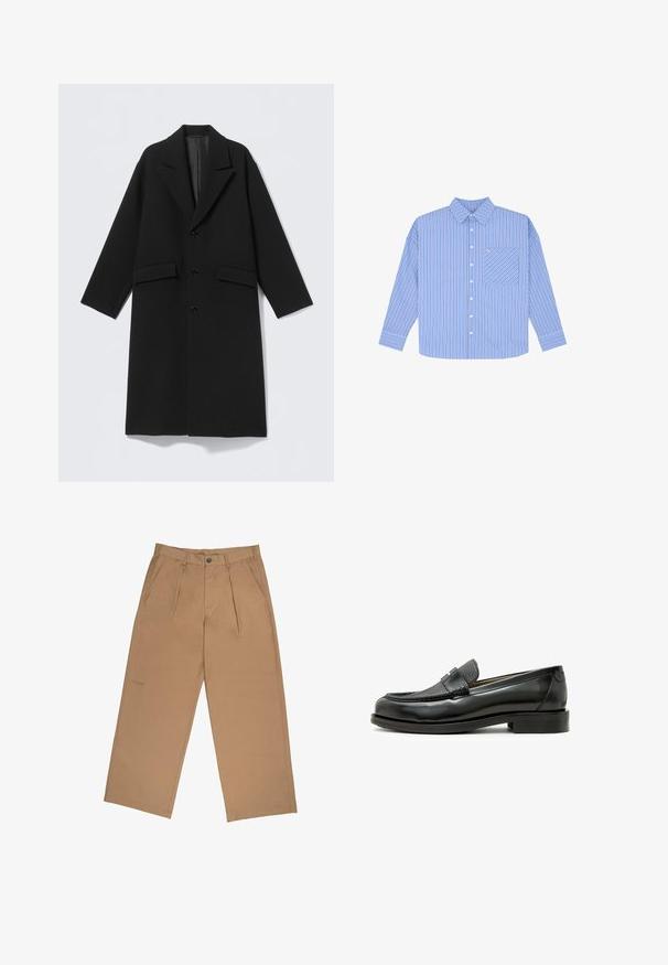 Black long wool coat with notched lapels, three front buttons, and two flap pockets, displayed flat on a light background.; Blue striped shirt with long sleeves, button closure, and a chest pocket. Features narrow vertical stripes in varying shades of blue.; Tan trousers made of fabric with a smooth texture, featuring pleats, a button closure, and a logo stitched near the hem.; Black leather loafer with a textured black leather accent, rounded toe, and a low block heel; features a decorative metallic detail.
