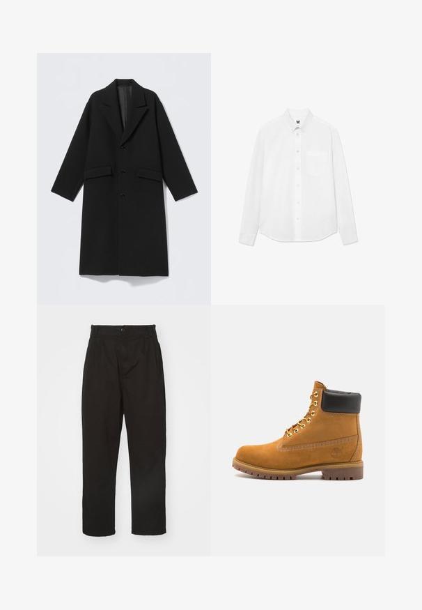 Schwarzer langer Wollmantel mit Reverskragen, drei vorderen Knöpfen und zwei Pattentaschen, flach auf hellem Hintergrund präsentiert.; Weißes Langarm-Hemd mit Knopfleiste, Kragen, einer Brusttasche und dezentem Texturmuster. Die Knopfleiste auf der Vorderseite ist mit Knöpfen und einem kleinen Logodetail versehen.; Schwarze Hose aus glattem Stoff, mit Knopfverschluss, geradem Schnitt und zwei vorderen Falten für zusätzlichen Detail.; Beige Wildleder-Ankle-Boot mit schwarzem gepolstertem Kragen, goldenen Metallösen, weißen Nähdetalben und einer robusten Gummisohle mit ausgeprägtem Profil.