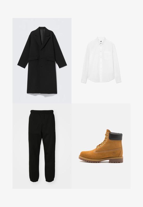 Cojoc negru lung din lână cu reveră decupată, trei nasturi în față și două buzunare cu clapetă, afișat plat pe un fundal deschis.; Cămașă albă cu mânecă lungă, cu guler, buzunar frontal și textură subtilă. Placa frontală are nasturi și un detaliu mic cu logo.; Pantaloni de trening negri dintr-un material moale, cu talie elastică, glezne strânse și un accent logo mic pe lateral.; Cizmă de gleznă din întoarsă de culoare bej, cu guler negru căptușit, ochiuri din metal auriu, detalii de cusătură albă și talpă din cauciuc robustă, cu un model pronunțat.
