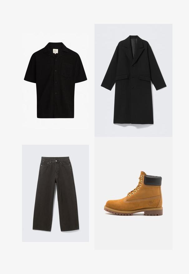 Abrigo largo negro de lana con solapas con muesca, tres botones frontales y dos bolsillos con solapa, mostrado plano sobre un fondo claro.; Camisa negra de manga corta hecha de tela texturizada, con cuello, botones en la parte frontal y un bolsillo en el pecho.; Los vaqueros de mezclilla negros de pierna ancha cuentan con una cintura alta, diseño de cinco bolsillos y un cierre de botones. La tela tiene un acabado suave y texturizado.; Botín de ante marrón claro con collar acolchado negro, ojales de metal dorado, detalles de costura blanca y suela de goma resistente con tacos pronunciados.
