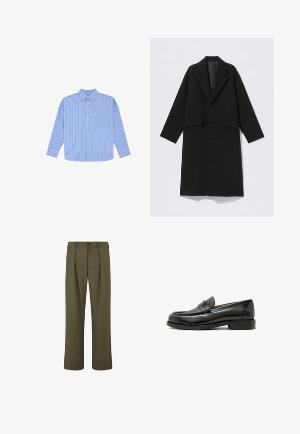 Schwarzer langer Wollmantel mit Reverskragen, drei vorderen Knöpfen und zwei Pattentaschen, flach auf hellem Hintergrund präsentiert.; Blau gestreiftes Hemd mit langen Ärmeln, Knopfverschluss und einer Brusttasche. Es hat schmale vertikale Streifen in verschiedenen Blautönen.; Olivgrüne Hosen mit taillierter Passform, mit Falten an der Vorderseite, Knopfverschluss und geraden Beinen. Glatte Stofftextur.; Schwarzer Lederloafer mit strukturiertem schwarzen Lederakzent, abgerundeter Zehenform und niedrigem Blockabsatz; verfügt über ein dekoratives metallisches Detail.