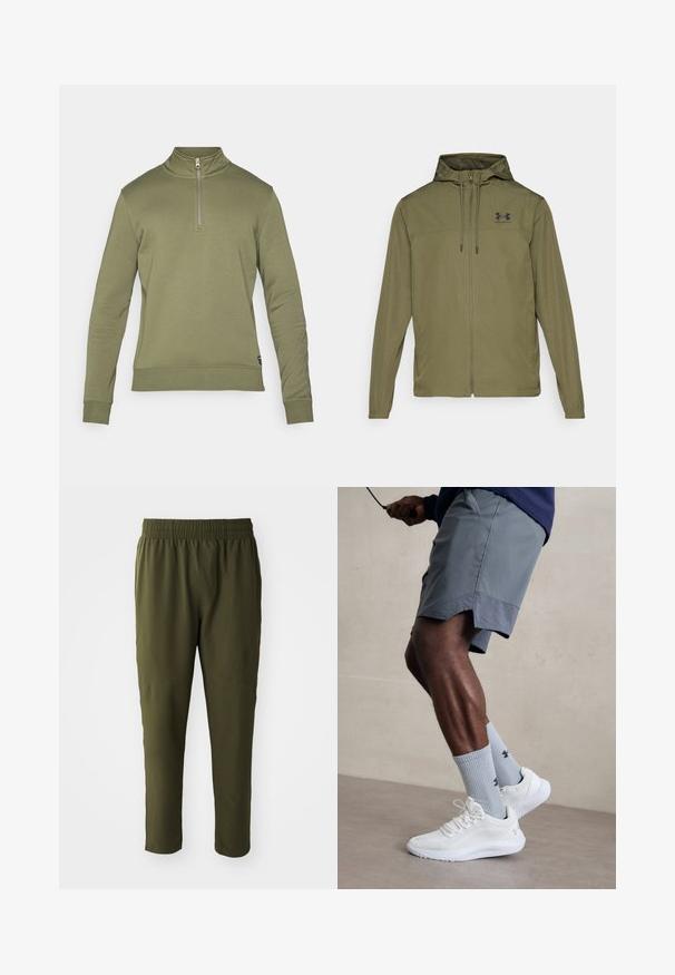 Oliven grønn lett jakke med glidelås foran, justerbar hette og svart logo på brystet. Har lange ermer og sidelommer.; Oliven grønn genser med høy hals og halv glidelås. Har lange ermer og ribbestrikkede mansjetter, laget av et mykt stoff.; Olivenfargede bukser laget av et glatt, lett materiale. Har elastisk midje og smalner ben med sømdetaljer.; Hvite treningssko med teksturert mesh-overdel, kombinert med lyseblå ribbestrikkede sokker med logo. Grå treningsshorts med perforert kant.