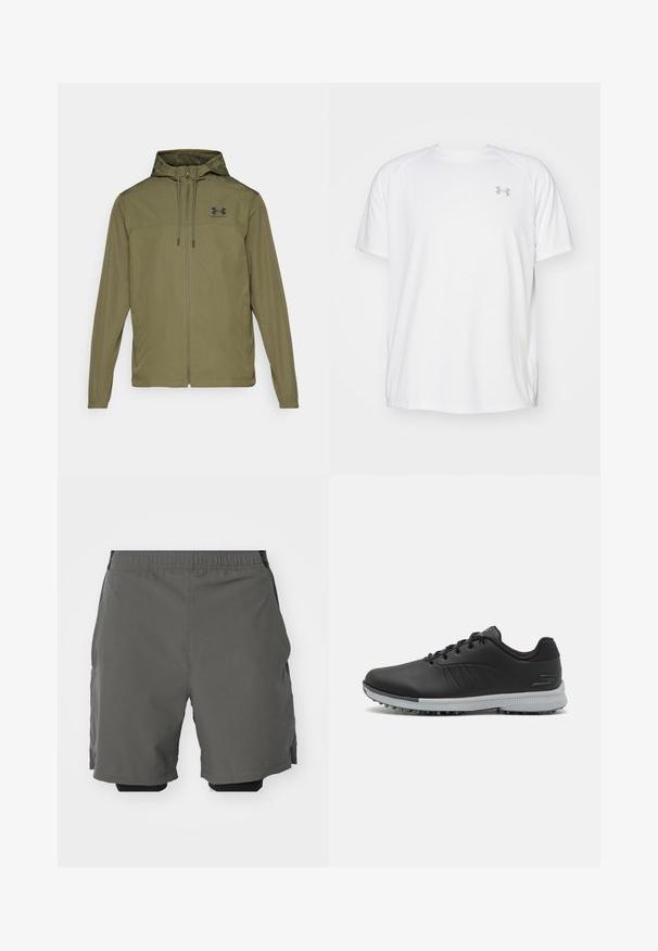 Olive zeleno lahko jakno z zadrgo spredaj, nastavljivo kapuco in črnimi logotipom na prsih. Ima dolge rokave in stranske žepe.; Bela kratka športna majica s kratkimi rokavi, izdelana iz gladkega blaga. Ima okroglo ovratnico in sivo logotip na levi prsi ter stranske razpoke na robu.; Sive športne hlače z gladkim, lahkim materialom in elastičnim pasom, ki vsebujejo notranje kompresijske hlače in stranske žepke.; Črne sintetične golf čevlje z teksturiranim zgornjim delom, zavezovanjem in sivo podplatom, ki vsebuje konice za oprijem.