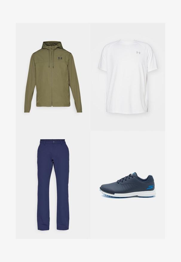 Olive roheline kerge jakk, millel on ees luku sulgemine, reguleeritav kapuuts ja must logo rinna peal. Omab pikki varrukaid ja küljetaskuid.; Valge lühikeste varrukate ja sportliku lõikega särk, millel on sile kangas. Omab ümarat kaelust ja halli logo vasakul rinnal, ning külgsuured lõhik kui lõhateel.; Tumed sinised püksid, mis on valmistatud pehmest ja venivast kangast. Omavad sirge sääre disaini, vöö kohtadega ja ees olevat nööpide sulgemist.; Tumesinine golfikingsad peene disainiga, sünteetilisest materjalist pealispind, valge vahe-pohja ja siniste kummist naeltega. Omab perforatsioone hingavuse tagamiseks.