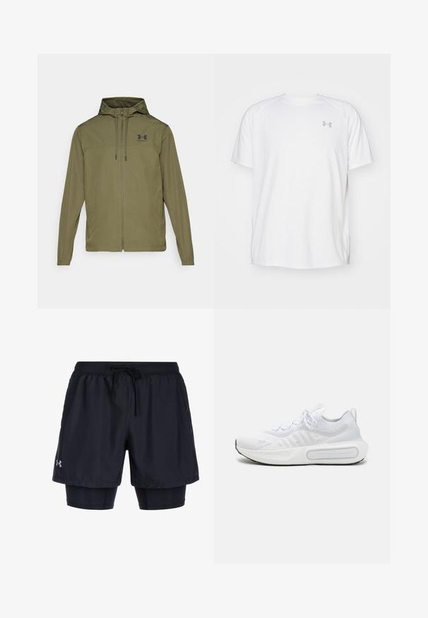Veste légère vert olive avec fermeture éclair à l'avant, capuche réglable et logo noir sur la poitrine. Elle dispose de manches longues et de poches latérales.; T-shirt de sport à manches courtes de couleur blanche, fabriqué en tissu lisse. Il présente un col rond et un logo gris sur la poitrine gauche, avec des fentes sur les côtés au niveau de l'ourlet.; Shorts de sport noirs avec une taille élastique et un cordon de serrage, dotés d'une couche intérieure ajustée et du logo Under Armour sur le côté.; Basket blanc de sport avec une tige en tricot texturé, fermeture à lacets, semelle rembourrée et un détail de marque distinctif sur le côté.