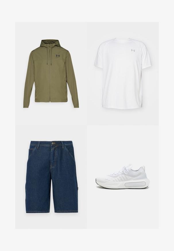 Casaco leve verde-oliva com fecho frontal em zip, capuz ajustável e logótipo preto no peito. Apresenta mangas longas e bolsos laterais.; Camisola atlética de mangas curtas brancas, feita de um tecido suave. Apresenta um decote redondo e um logótipo cinza no lado esquerdo do peito, com aberturas laterais na barra.; Calças de ganga azul-escuro, com um corte reto, apresentando dois bolsos frontais, passadores de cinto e um bolso lateral com aba.; Sapatilha desportiva branca com um upper em malha texturizada, fecho com atacadores, sola almofadada e um detalhe de marcação distintiva na lateral.