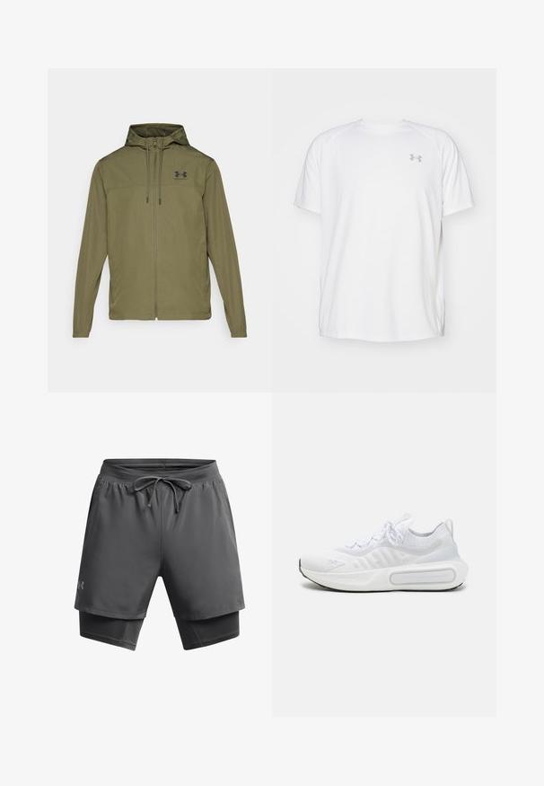 Chaqueta ligera de color verde oliva con cremallera frontal, capucha ajustable y logo negro en el pecho. Presenta mangas largas y bolsillos laterales.; Camisa atlética de manga corta blanca, hecha de tejido suave. Presenta un cuello redondo y un logo gris en el lado izquierdo del pecho, con aberturas laterales en el dobladillo.; Pantalones cortos deportivos para hombre en gris oscuro, con una cintura ajustable con cordón, material que absorbe la humedad, capa exterior y forro interior ajustado.; Zapatilla deportiva blanca con una parte superior de punto texturizado, cierre de cordones, suela acolchada y un detalle de marca distintivo en el lateral.