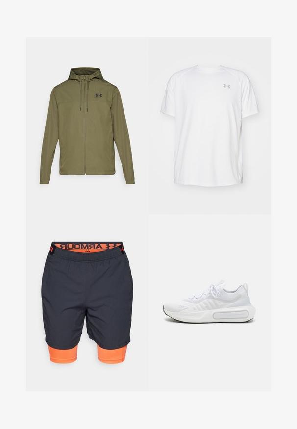 Olivgrüne, leichte Jacke mit Reißverschluss und verstellbarer Kapuze sowie schwarzem Logo auf der Brust. Sie hat lange Ärmel und seitliche Taschen.; Weißes kurzärmeliges Sportshirt aus glattem Material. Mit Rundhalsausschnitt und grauem Logo auf der linken Brust, sowie seitlichen Schlitzen am Saum.; Schwarze Sportshorts mit einer orangefarbenen Innenschicht. Sie verfügen über einen dehnbaren Bund mit "ARMOUR"-Branding und seitlichen Mesh-Einsätzen für Belüftung.; Weißer Sportschuh mit einem strukturierten Strick-Obermaterial, Schnürverschluss, gepolsterter Sohle und einem markanten Branding-Detail an der Seite.