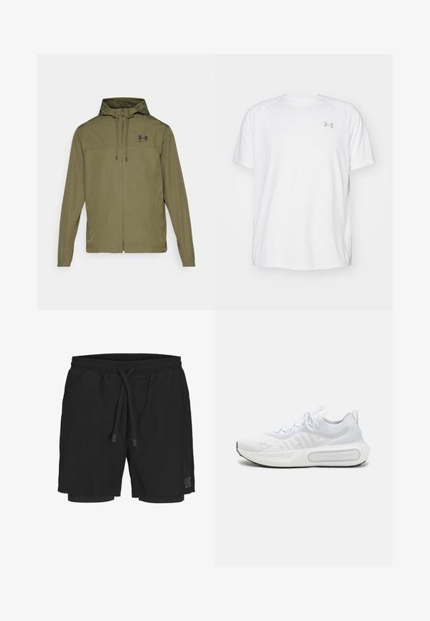 Olivově zelená lehká bunda se zipem vpředu, nastavitelnou kapucí a černým logem na hrudi. Vybavena dlouhými rukávy a bočními kapsami.; Bílé sportovní tričko s krátkým rukávem vyrobené z hladké látky. Má kulatý výstřih a šedé logo na levé straně hrudi, s bočními rozparky na lemu.; Černé plavkové šortky vyrobené z lehkého materiálu s elastickým pasem, nastavovací šňůrkou a vnitřní podšívkou. Na boku se nachází logo.; Bílé sportovní boty s texturovaným úpletem, šněrováním, polstrovanou podrážkou a výrazným logem na boku.