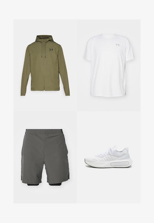 Olive green lightweight jacket with a zip front, adjustable hood, and black logo on the chest. Features long sleeves and side pockets.; White short-sleeve athletic shirt made of smooth fabric. Features a crew neck and gray logo on the left chest, with side slits at the hem.; Gray athletic shorts with a smooth, lightweight fabric and an elastic waistband, featuring inner compression shorts and side pockets.; White athletic shoe with a textured knit upper, lace-up closure, cushioned sole, and a distinctive branding detail on the side.