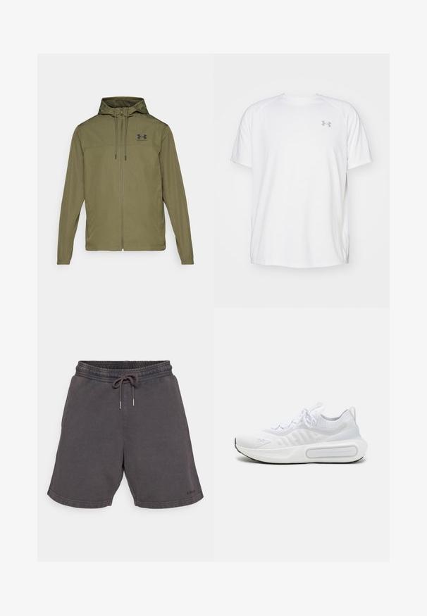 Casaco leve verde-oliva com fecho frontal em zip, capuz ajustável e logótipo preto no peito. Apresenta mangas longas e bolsos laterais.; Camisola atlética de mangas curtas brancas, feita de um tecido suave. Apresenta um decote redondo e um logótipo cinza no lado esquerdo do peito, com aberturas laterais na barra.; Calções de treino cinza escuro com uma cintura elástica com cordão, bolsos laterais e um corte descontraído. Tecido suave e texturizado.; Sapatilha desportiva branca com um upper em malha texturizada, fecho com atacadores, sola almofadada e um detalhe de marcação distintiva na lateral.