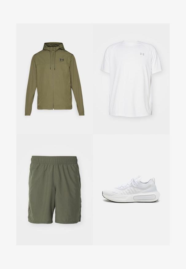 Olíva zöld, könnyű dzseki cipzárral elöl, állítható kapucnival és fekete logóval a mellkasán. Hosszú ujjakkal és oldalsó zsebekkel rendelkezik.; Fehér, rövid ujjú sportpóló sima anyagból. Kerek nyakkivágással és szürke logóval a bal mellkasnál, az alján oldalsó hasítékokkal.; Olíva zöld rövidnadrág, könnyű anyagból készült, elasztikus derékkal és oldalsó hasítékokkal a szabad mozgás érdekében. Egyszerű dizájn.; Fehér sportcipő texturált kötött felsőrésszel, fűzős záródással, párnázott talppal és egyedi márkajelzéssel az oldalon.