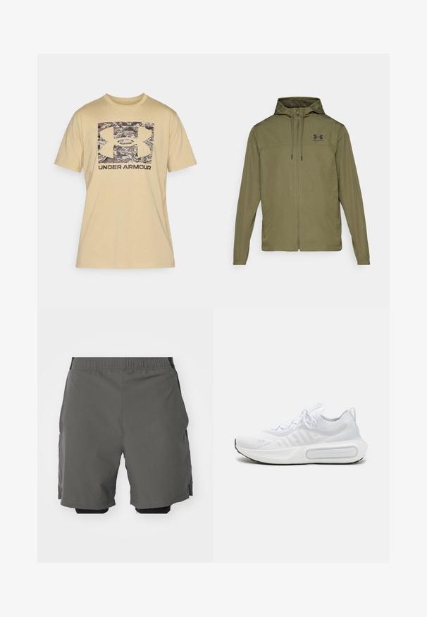 Olive zeleno lahko jakno z zadrgo spredaj, nastavljivo kapuco in črnimi logotipom na prsih. Ima dolge rokave in stranske žepe.; Bež majica iz bombaža s kratkimi rokavi. Ima logotip Under Armour v kamuflažnem vzorcu in temno napis pod logotipom.; Sive športne hlače z gladkim, lahkim materialom in elastičnim pasom, ki vsebujejo notranje kompresijske hlače in stranske žepke.; Bela športna čevlja s teksturirano pletenino, vezanjem na vezalke, blaženim podplatom in značilnim logotipom na strani.