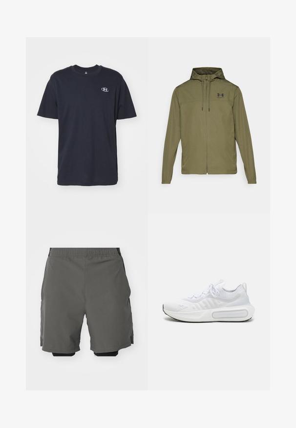 Olive green lightweight jacket with a zip front, adjustable hood, and black logo on the chest. Features long sleeves and side pockets.; Navy cotton t-shirt with short sleeves, crew neck, and a small white logo on the left chest. Soft texture, straight fit, and simple design.; Gray athletic shorts with a smooth, lightweight fabric and an elastic waistband, featuring inner compression shorts and side pockets.; White athletic shoe with a textured knit upper, lace-up closure, cushioned sole, and a distinctive branding detail on the side.