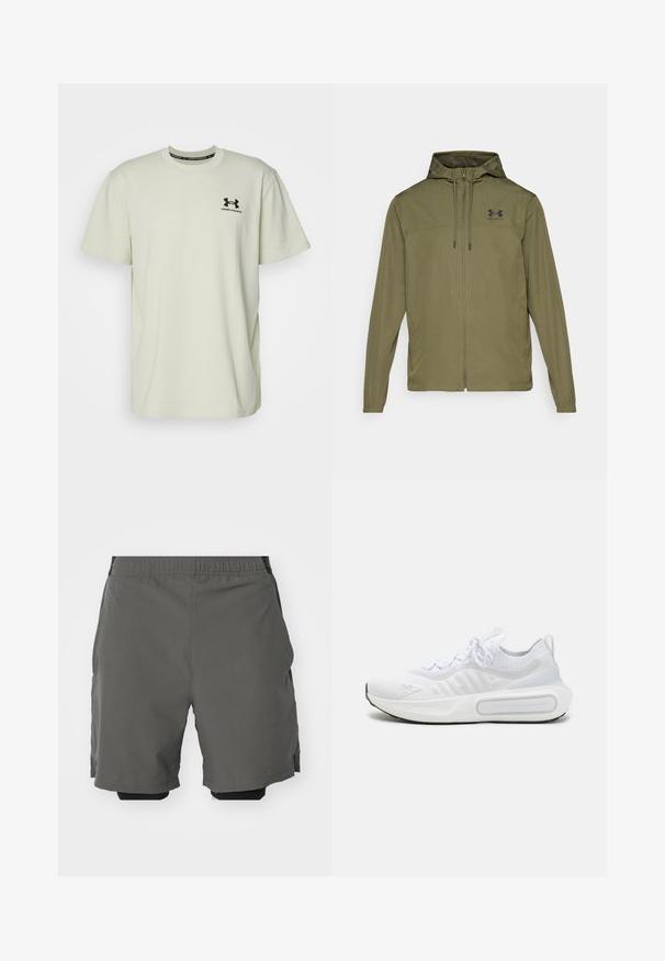 Olive roheline kerge jakk, millel on ees luku sulgemine, reguleeritav kapuuts ja must logo rinna peal. Omab pikki varrukaid ja küljetaskuid.; Under Armour LOGO HEAVYWEIGHT - Lihtne T-särk - silt/black; Halljinad hallid spordilühikesed püksid, millel on sile ja kerge kangas ning elastne vöökoht. Tootel on sisemised kompressioonishortsid ja küljetaskud.; Valge spordijalats, millel on tekstuuriga kudumipealne, kinnitatav nööri sulgemine, pehmendusega tald ning silmapaistev brändingu detail külje peal.