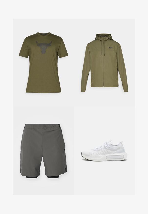 Olívovo zelená ľahká bunda so zipsom vpredu, nastaviteľnou kapucňou a čiernym logom na hrudi. Má dlhé rukávy a bočné vrecká.; Olivovozelené bavlnené tričko s krátkymi rukávmi a okrúhlym výstrihom; na prednej strane zdobené čiernym logom býka.; Sivé športové šortky s hladkým, ľahkým materiálom a elastickým pásom, s vnútornými kompresnými šortkami a bočnými vreckami.; Biele športové tenisky s textúrovaným pleteným zvrškom, šnurovaním, mäkčenou podrážkou a charakteristickým detailom značky na boku.