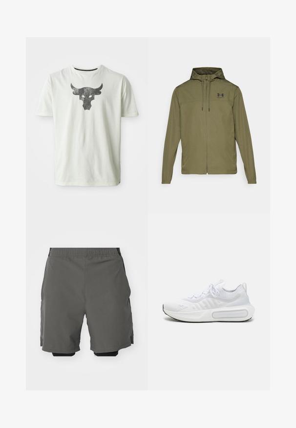 Olive green lightweight jacket with a zip front, adjustable hood, and black logo on the chest. Features long sleeves and side pockets.; White cotton t-shirt featuring a metallic black bull skull graphic centered on the chest. Short sleeves and crew neckline.; Gray athletic shorts with a smooth, lightweight fabric and an elastic waistband, featuring inner compression shorts and side pockets.; White athletic shoe with a textured knit upper, lace-up closure, cushioned sole, and a distinctive branding detail on the side.