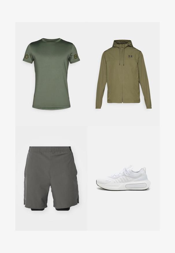 Casaco leve verde-oliva com fecho frontal em zip, capuz ajustável e logótipo preto no peito. Apresenta mangas longas e bolsos laterais.; T-shirt de manga curta verde oliva, feita de um tecido suave e leve. Apresenta um decote redondo e o logótipo "B" na manga esquerda, em uma cor contrastante.; Calças curtas atléticas cinzentas com um tecido leve e suave, cintura elástica, com calções de compressão interiores e bolsos laterais.; Sapatilha desportiva branca com um upper em malha texturizada, fecho com atacadores, sola almofadada e um detalhe de marcação distintiva na lateral.