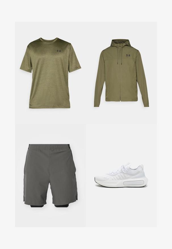 Chaqueta ligera de color verde oliva con cremallera frontal, capucha ajustable y logo negro en el pecho. Presenta mangas largas y bolsillos laterales.; Camiseta de manga corta color verde oliva con cuello redondo, que presenta una sutil textura jaspeada y un logo negro en el pecho.; Pantalones cortos deportivos grises con una tela suave y liviana, y una cinturilla elástica, que incluyen pantalones cortos de compresión interiores y bolsillos laterales.; Zapatilla deportiva blanca con una parte superior de punto texturizado, cierre de cordones, suela acolchada y un detalle de marca distintivo en el lateral.